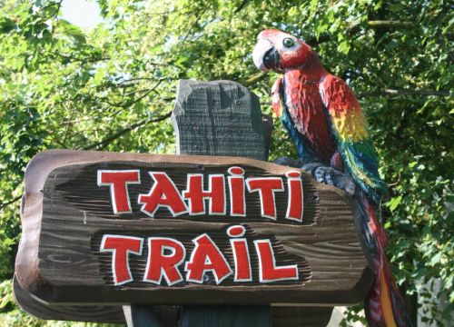 Das Schild zum Tahiti Trail. Auf dem Schild sitzt ein Papagei. Dieser ist aus Holz.