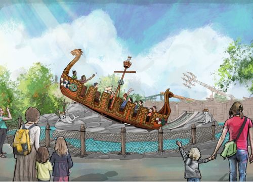 Eine Zeichnung der neuen Attraktion. Ein Wikingerschiff mit Fahrgästen, das auf und ab fährt.