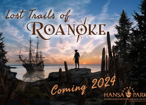 Eine Grafik der Attraktion Lost Trails of Roanoke. Ein Mann blickt auf ein Segelschiff.