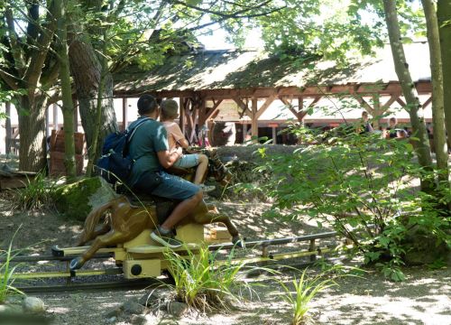 Ein Mann und ein Junge reiten gemeinsam mit der Attraktion Pony-Post. Immer das Ziel fest im Blick.