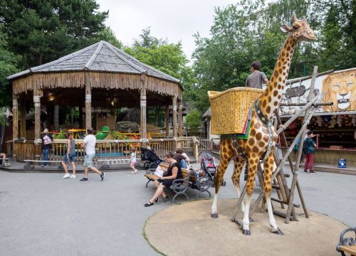 Die Giraffe Akira vorne. Im Hintergrund Dr. Livingstone‘s Safariflug.