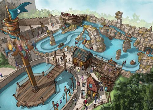 Die Zeichnung der Attraktionen Awildas Ausguck und Awildas Abenteuerfahrt von oben betrachtet.