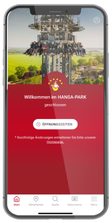 Ein Telefon auf der die HANSA-PARK-App geöffnet ist. Es ist die Startseite zu sehen.