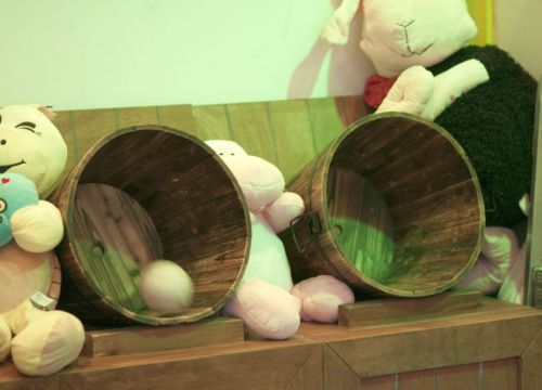 Ein Eimer in den weißen Kugeln geworfen werden. Es sind Kuscheltiere neben den beiden Eimern.