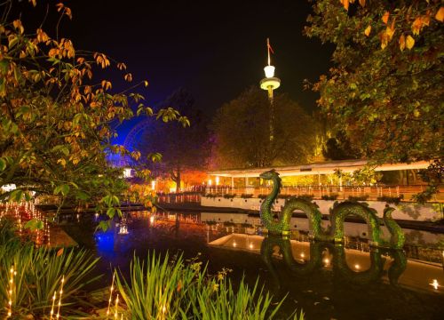Die hellerleuchtete Fläche der Fernlenkschiffe auf dem Wasser. Die Schlange im Wasser wird angestrahlt.