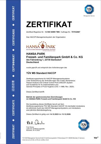 Ein Zertifikat vom TÜV Süd. Es geht um eine HACCP Zertifizierung des HANSA-PARK.