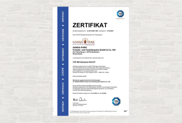Ein Zertifikat vom TÜV Süd. Es geht um eine HACCP Zertifizierung des HANSA-PARK.