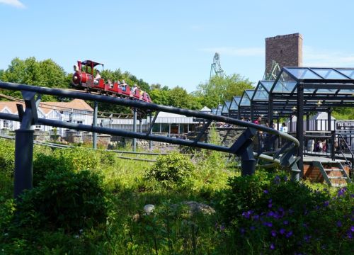 Der Zug des Royal Scotsman fährt auf der Schiene durch die Pflanzenwelt von Groß Britannien.