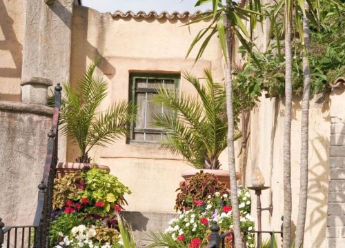 In den Spanischen Gärten im HANSA-PARK steht auf einer Treppe Blumentöpfe mit Palmen und Blumen.