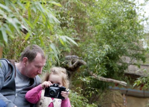 Ein Mann und ein Mädchen fahren einen Jeep der Safari-Jeeps. Das Mädchen hat den Fotoapparat.