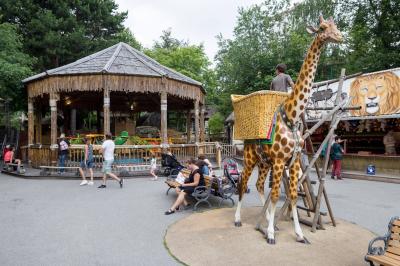 Die Giraffe Akira vorne. Im Hintergrund Dr. Livingstone‘s Safariflug.