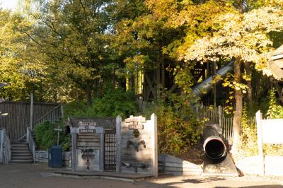 Eine Rutsche mit Turm. Daneben Pranger.