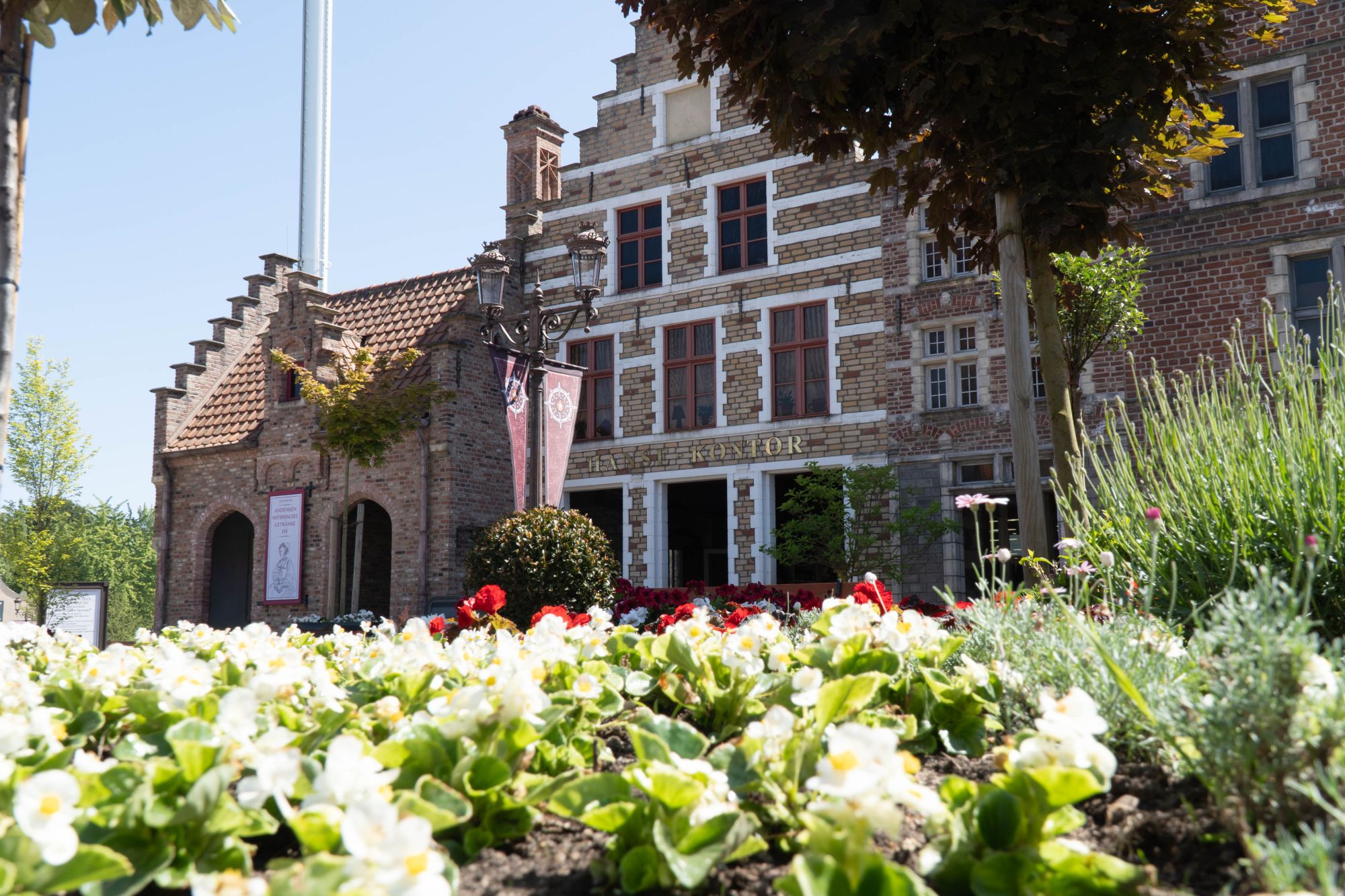 Das Blumenbeet mit Bäumen bei der Blumenuhr. Im Hintergrund ist das HANSE-Kontor.