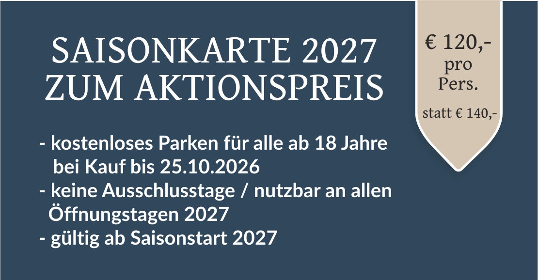Hinweis auf den Saisonkartenverkauf (weiße Schrift auf blauem Hintergrund mit Preis-Störer oben rechts in der Ecke)