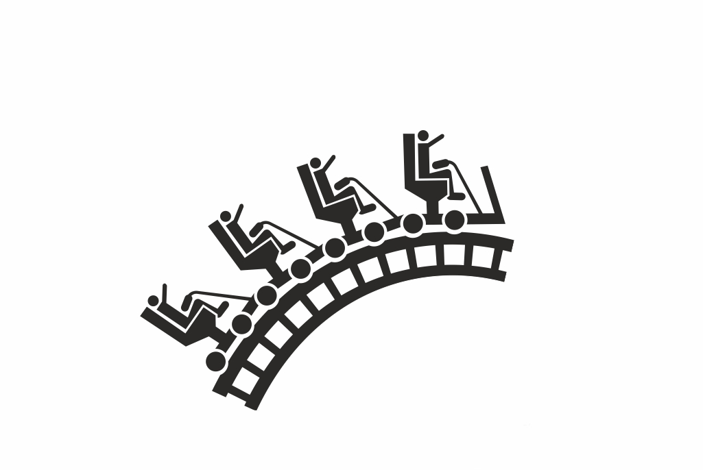 Illustration wie vier Menschen auf einer Achterbahn fahren