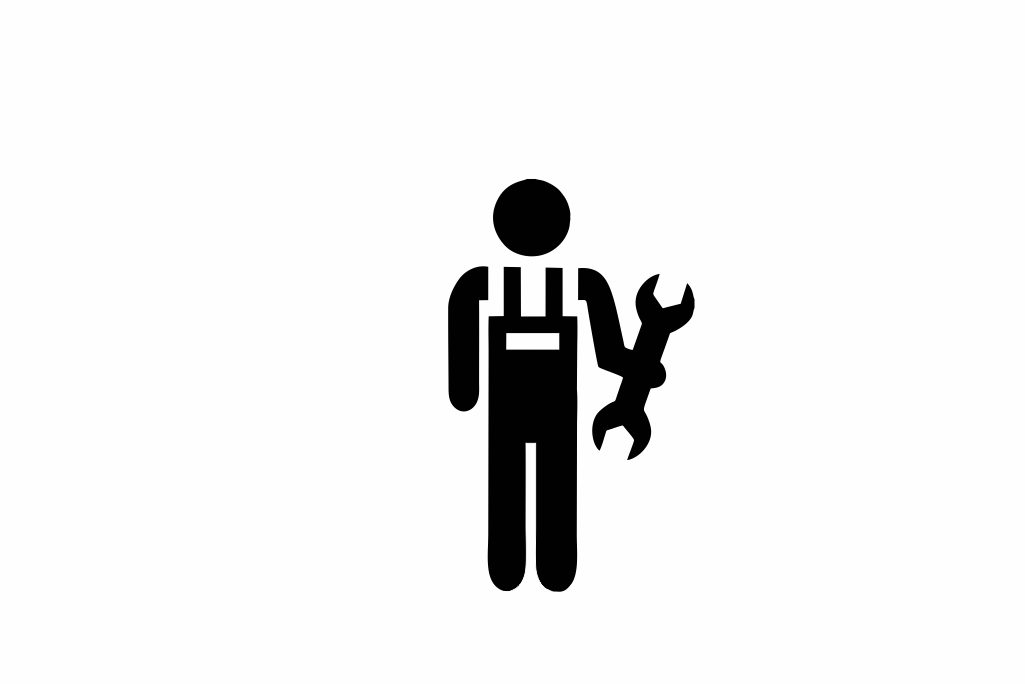 Strichmännchen mit Arbeiterkleidung, das einen Schraubenschlüssel in der Hand hält