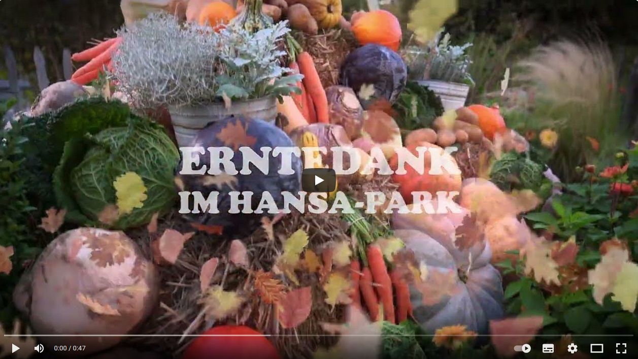 Schriftzug "Erntedank im HANSA-PARK" mit Erntedank-Beet im Hintergrund